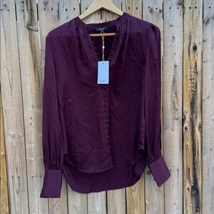 Quince washable stretch silk peasant Burgundy BlouseNWT
